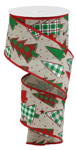 Plaid Trees Wired Ribbon : Light Natural Beige Red Emerald Green White - 2.5 Inches x 100 Feet (33.3 Yards)