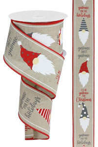 Christmas Gnome Heads Wired Ribbon : Light Natural Beige Red White - 2.5 Inches x 100 Feet (33.3 Yards)