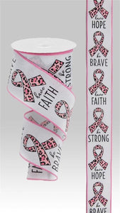 Breast Cancer Leopard Wired Ribbon : White Pink - 2.5 Inches x 10 Yards (30 Feet)