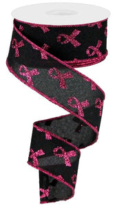Breast Cancer Awareness Ribbon Wired Ribbon : Black, Pink - 1.5 Inches x 10 Yards (30 Feet)