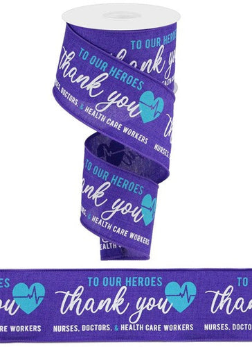 Thank You Healthcare Heroes Nurse Wired Ribbon : Purple, Turquoise Blue, White - 2.5 Inches x 10 Yards (30 Feet)