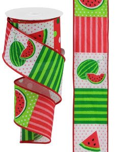 Watermelon Block Royal Wired Ribbon : White, Light Pink, Green - 2.5 Inches x 10 Yards (30 Feet)