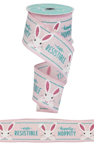Peeking Bunny Wired Ribbon : Powder Pink, White - 2.5 Inches x 10 Yards (30 Feet)