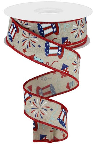 Uncle Sam Fireworks Wired Ribbon : Natural Beige Red White Blue - 1.5 Inches x 10 Yards (30 Feet)