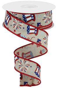 Uncle Sam Fireworks Wired Ribbon : Natural Beige Red White Blue - 1.5 Inches x 10 Yards (30 Feet)