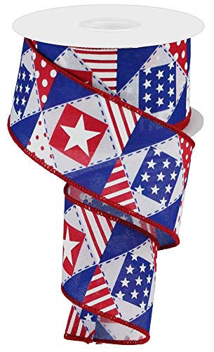 Patriotic Patchwork Wire Edge Ribbon : White - 2.5 Inches x 10 Yards (30 Feet)