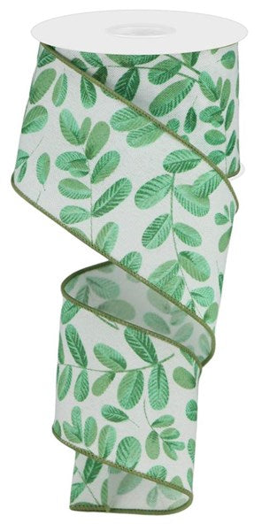 Bold Leaves Wired Ribbon : White green sage - 2.5 inches x 10 yeards (30 feet)