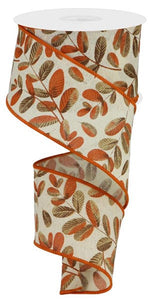 Bold Leaves on Royal Wired Edge Ribbon : Cream, Dark Brown, Light Beige, Dark Orange - 2.5 Inches x 10 Yards (30 Feet)