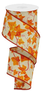 Fall Ivy Leaf Wired Ribbon : Cream Ivory, Mustard Yellow, Orange, Red Orange - 2.5 Inches x 10 Yards (30 Feet)