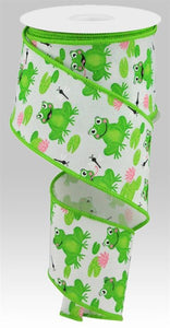 Frogs Canvas Ribbon : White Green Pink - 2.5 Inches x 10 Yards (30 Feet)