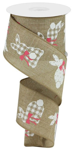 Easter Bunny Farmhouse Burlap Wired Ribbon : Beige, White, Pink - 2.5 Inches x 10 Yards (30 Feet)