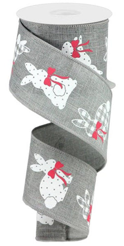 Patterned Bunny Wired Ribbon : Light Grey Gray, White, Pink - 2.5 Inches x 10 Yards (30 Feet)