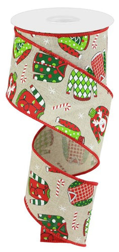 Christmas Ugly Sweater Royal Canvas Wired Ribbon : Natural Beige, White, Red, Green, Black - 2.5 Inches x 10 Yards (30 Feet)