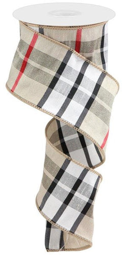 Plaid Faux Dupioni Wired Ribbon - Black White Tan Beige Red - 2.5 Inches x 10 Yards (30 Feet)