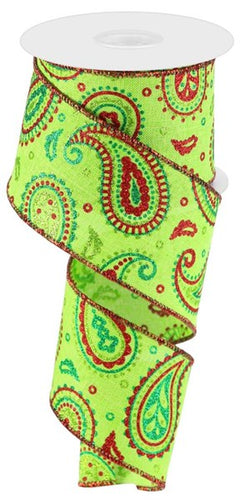 Paisley Glitter Christmas Royal Burlap Wired Ribbon : Lime Green, Red, Emerald - 2.5 Inches x 10 Yards (30 Feet)