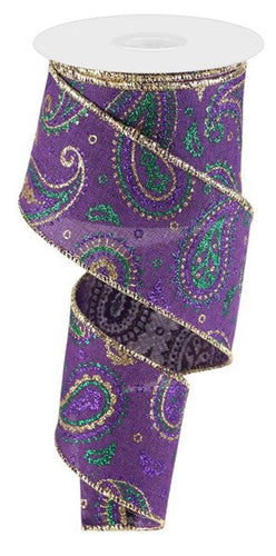 Paisley Wired Ribbon : Purple, Gold, Emerald - 2.5 Inches x 10 Yards (30 Feet)