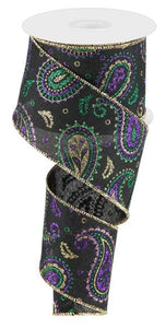 Paisley Glitter Mardi Gras Royal Wired Ribbon : Gold, Black, Purple Green - 2.5 Inches x 10 Yards (30 Feet)