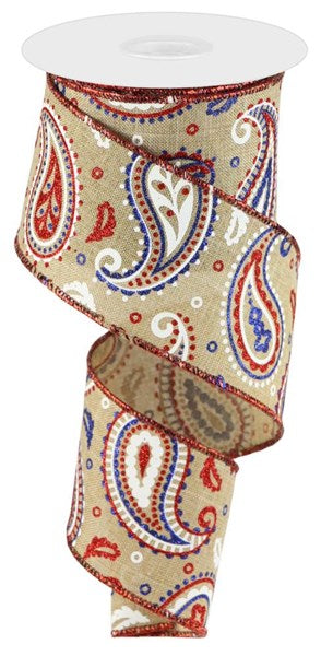 4th of July Paisley Royal Canvas Wired Edge Ribbon : Beige, White, Red, Royal Blue - 2.5 Inches x 10 Yards (30 Feet)