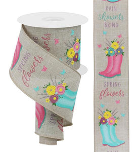 Rainboots with Flowers on Canvas Wired Ribbon : Light Lavender Purple - 2.5 Inches x 10 Yards (30 Feet)