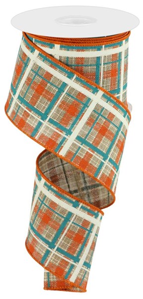Plaid Check Wired Ribbon : Orange Turquoise Beige  - 2.5 Inches x 10 Yards (30 Feet)
