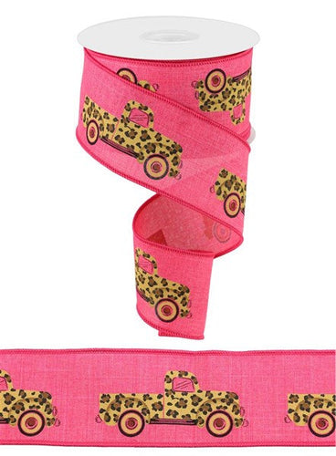 Leopard Truck on Canvas Wired Ribbon : Hot Pink - 2.5 Inches x 10 Yards
