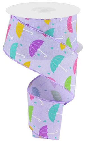 Umbrellas Pastel Summer Wired Ribbon : Lavender, White, Purple, Teal, Pink, Yellow - 2.5 Inches x 10 Yards (30 Feet)