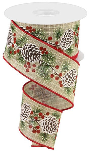 Christmas Pinecone Berry Flocked Canvas Wired Edge Ribbon : Beige Natural, Red, Green, White - 2.5 Inches x 10 Yards (30 Feet)