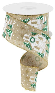 Winter Church Wired Ribbon : beige gold White - 2.5 Inches x 10 Yards (30 Feet)