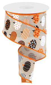 Patterned Pumpkins Canvas Wired Edge Ribbon : Natural, White, Orange, Black - 2.5 Inches x 10 Yards (30 Feet)