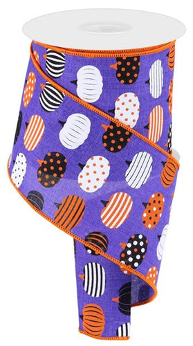 Purple Patterned Pumpkins Wired Ribbons : Purple, Orange, White, Black - 4 Inches x 10 Yards (30 Feet)