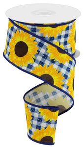 Sunflower On Faux Royal Wired Ribbon : Navy, Yellow, Brown - 2.5 Inches x 10 Yards (30 Feet)