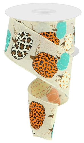 Leopard Patterned Pumpkins on Canvas Wired Ribbon : Cream, Orange - 2.5 Inches x 10 Yards (30 Feet)