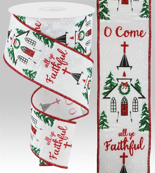 Come All Ye Faithful Wired Ribbon : Light Beige - 2.5 Inches x 10 Yards (30 Feet)