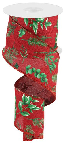 Winter Foliage Ribbon : Red, Burgundy Red, Green - 2.5 Inches x 10 Yards (30 Feet)