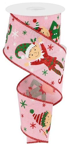 Elves on Burlap Christmas Wired Ribbon : Pink Red Beige Black Brown Green - 2.5 Inches x 10 Yards (30 Feet)