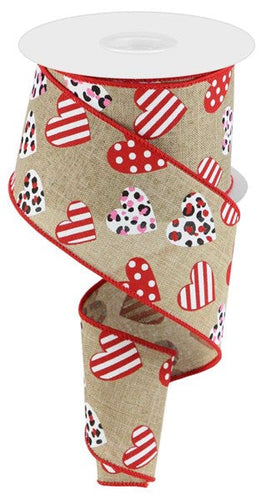 Hearts with Leopard Spots & Stripes Wired Ribbon : Light Beige - 2.5 Inches x 10 Yards (30 Feet)