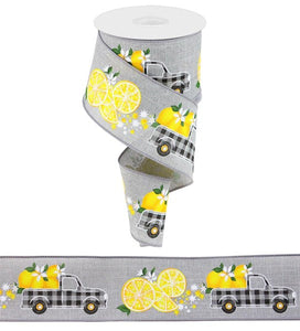 White Gingham Truck with lemons Wired Ribbon : Grey, Yellow, White - 2.5 Inches x 10 Yards (30 Feet)