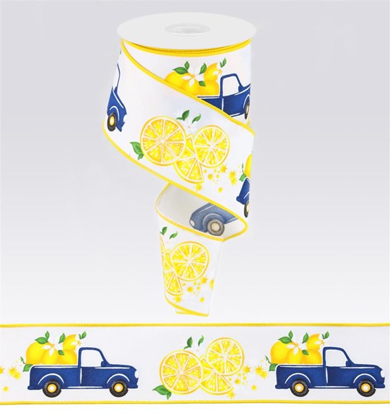 Truck with Lemons Wired Ribbon : White, Yellow, Navy - 2.5 Inches x 10 Yards (30 Feet)