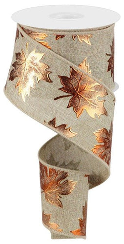 Foil Maple Leaf on Canvas Wired Edge Ribbon : Beige - 2.5 Inches x 10 Yards (30 Feet)