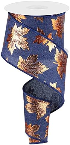 Foil Maple Leaf on Canvas Wired Edge Ribbon : Navy Blue - 2.5 Inches x 10 Yards (30 Feet)