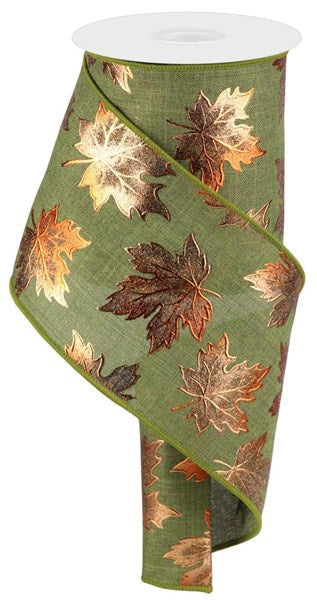 Maple Leaf Foil Wired Ribbon : Fern Green Moss Copper - 4 Inches x 10 Yards (30 Feet)