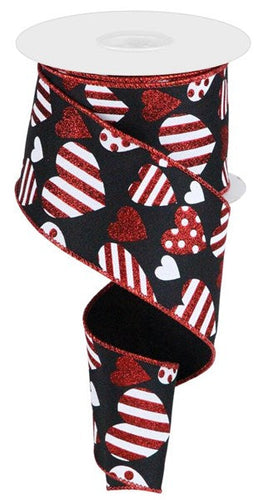 Multi Patterned Valentine Hearts on Canvas Wired Ribbon : Black - 2.5 Inches x 10 Yards (30 Feet)