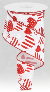 Multi Patterned Valentine Hearts on Canvas Wired Ribbon : White - 2.5 Inches x 10 Yards (30 Feet)