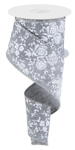 Mini Rose Wired Ribbon: Grey Gray - 2.5 Inches x 10 Yards (30 Feet)