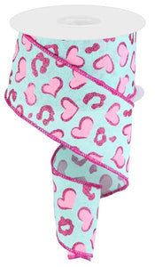 Heart Leopard Spots Royal Canvas Wired Edge Ribbon: Mint, Light Pink, Hot Pink - 2.5 Inches x 10 Yards (30 Feet)