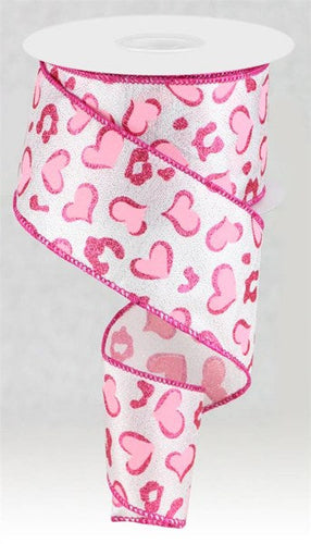 Heart Leopard Spots on Royal Wired Edge Ribbon: Silver, White, Pink - 2.5 Inches x 10 Yards (30 Feet)