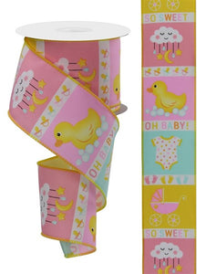 Baby Blocks on Diagonal Weave Wired Ribbon: Pink, Blue, White, Yellow - 2.5 Inches x 10 Yards (30 Feet)