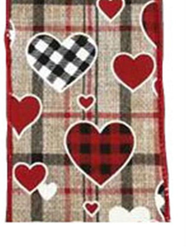 Heart Check Mini Plaid on Royal Wired Edge Ribbon - 10 Yards (Beige, White, Red, Black, 2.5
