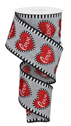 Love Glitter Hearts with Stripes : Grey Red White - 2.5 Inches x 10 Yards (30 Feet) Wired Ribbon