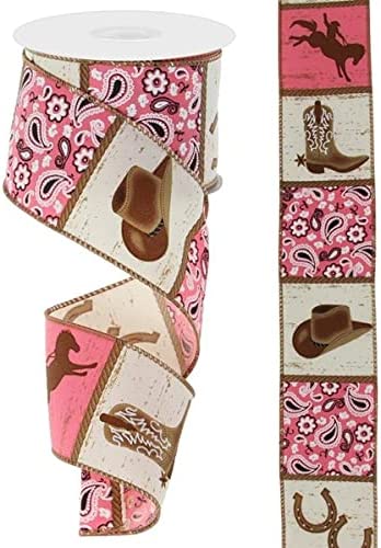 Cowboy Blocks on Canvas Wired Edge Ribbon, 10 Yards (Pink, Ivory, 2.5 Inch)